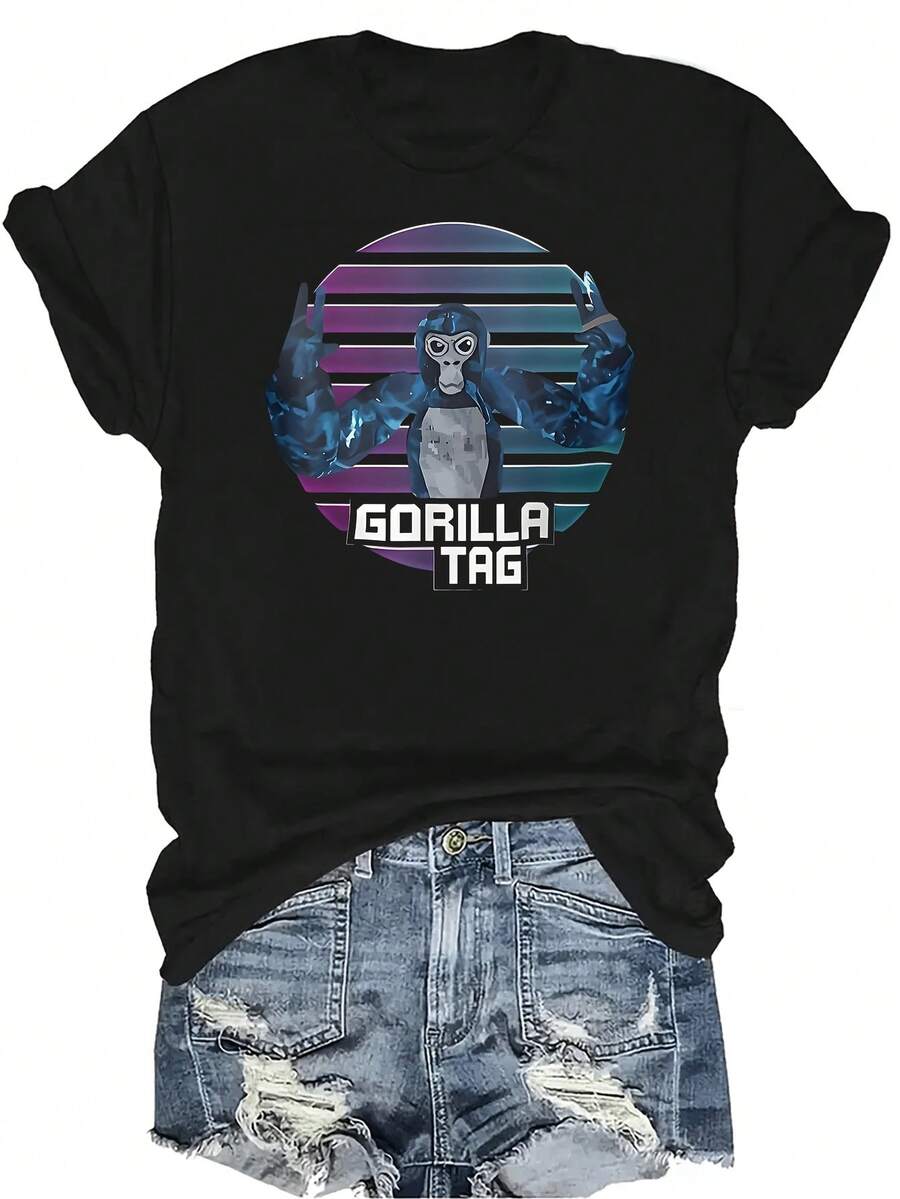 Camiseta con patrones interesantes para mujer y unisex, de verano, casual, transpirable, con cuello redondo, manga corta, estilo urbano y versátil, adecuada para adolescentes y adultos - Negro - Ver 1