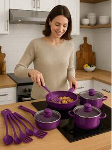 Set de cocina antiadherente 13 piezas sartenes y utensilios modernos para cocinar set completo antifugas antiadherente fácil de limpiar resistente horno sartén ollas cucharas accesorio cocina hogar - Multicolor - Ver 5