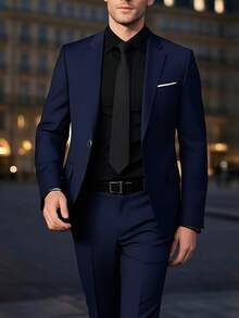 Men's Suit Translation Men's Suit, Business Casual Style, Men's Solid-Color Minimalist Daily Wear Long-Sleeve Suit Set, Including A Long-Sleeve Suit With Lapel Design And Matching Trousers. Suitable For Daily Leisure, Work Commuting, Weddings, Dances, Business And Other Occasions, Featuring A Minimalist And Elegant Style. - 藏蓝色 - 查看 1