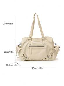 1 件复古大容量手提包，复古 PU 单肩斜挎包，女士休闲手提包和钱包 - 米色 - 查看 2