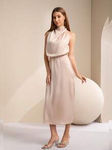 Satin High Neck Sleeveless Elegant Evening Dress, Cocktail Semi Formal Dress, For Birthday, Wedding Guest Dinner, Homecoming Party Dress