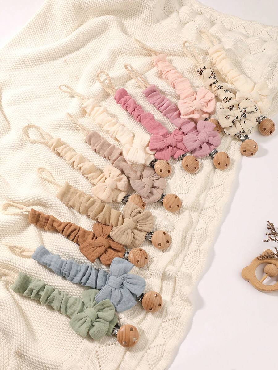 2pcs Baby Solid & Printed Pacifier Clips, Bowknot Pacifier Holder, Wooden 3-Hole Pacifier Clips, Suitable For Daily Use In Blue, Pink, Khaki