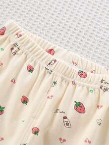 女童草莓印花长袖上衣和裤子睡衣套装 - 米色 - 查看 10
