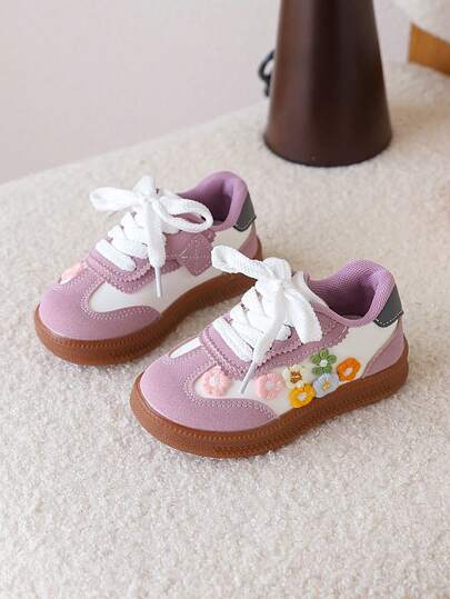 1 Pair Girls' Embroidered Flower Casual Sneakers, Soft Sole, Breathable, Spring/Autumn