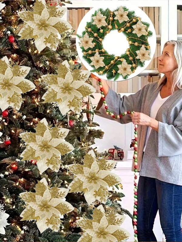 12pcs Glittery Flowers With Clips & StemsEasy Wall-Mounted Decoration For Tree, Home, Wedding, Holiday Decor, Festive Tree Decorations, Holiday Floral Accents, Wallmounted Flowers, Plastic Flowers Wreaths