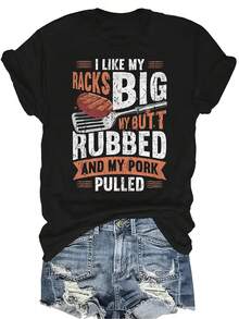 Me gusta que mis estantes sean grandes, mi trasero se frote y mi cerdo se tire. Camiseta para mujer y unisex de verano, casual, transpirable, con personalidad, de cuello redondo, de manga corta, ropa de calle, versátil, adecuada para adolescentes y adultos - Negro - Ver 1