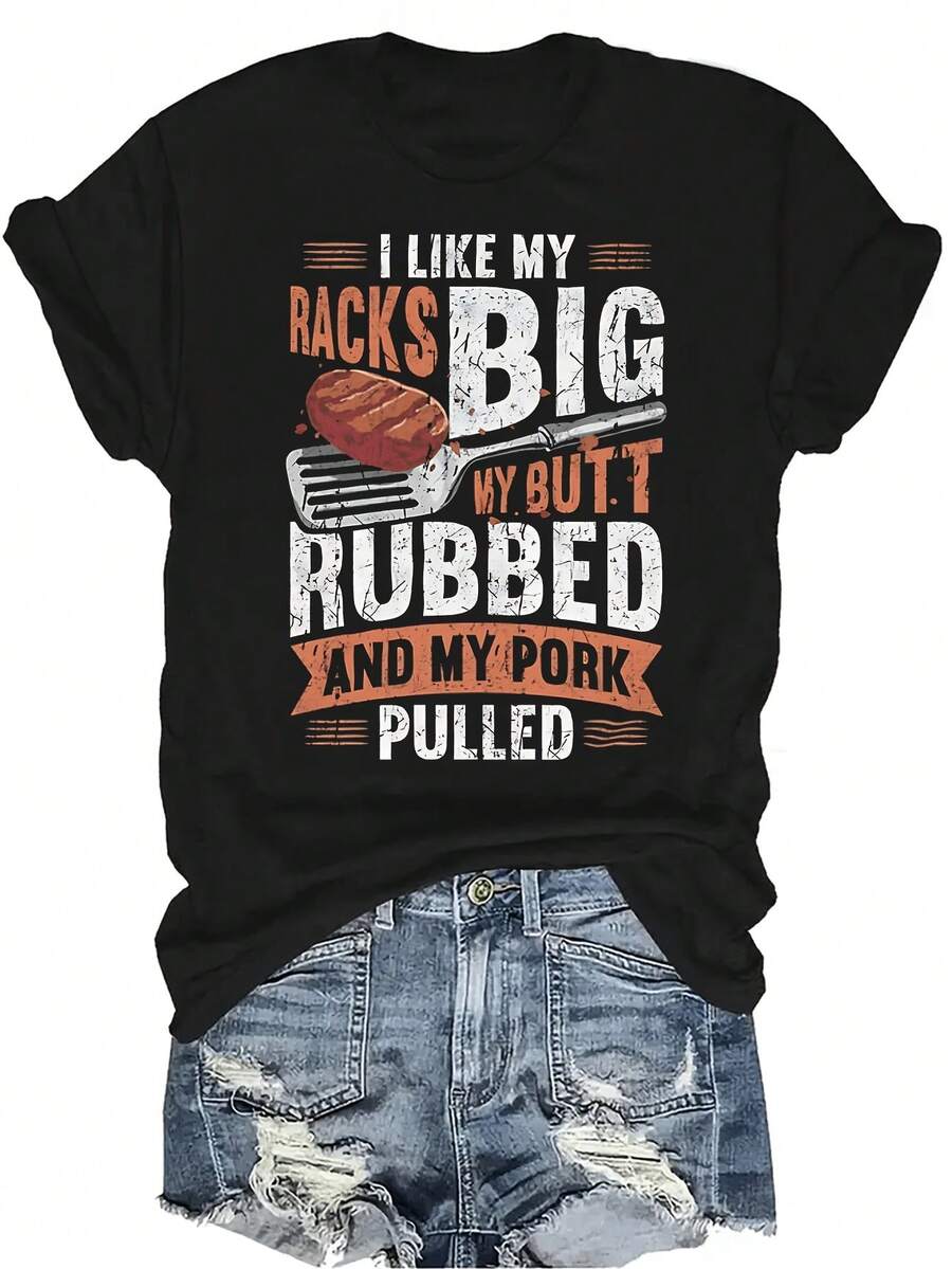 Me gusta que mis estantes sean grandes, mi trasero se frote y mi cerdo se tire. Camiseta para mujer y unisex de verano, casual, transpirable, con personalidad, de cuello redondo, de manga corta, ropa de calle, versátil, adecuada para adolescentes y adultos - Negro - Ver 1