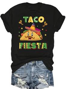 Camiseta de estilo mexicano con diseño de burrito para mujer y unisex, de verano, casual, transpirable y de personalidad, con cuello redondo y manga corta, para uso versátil, adecuada para adolescentes y adultos - Negro - Ver 1