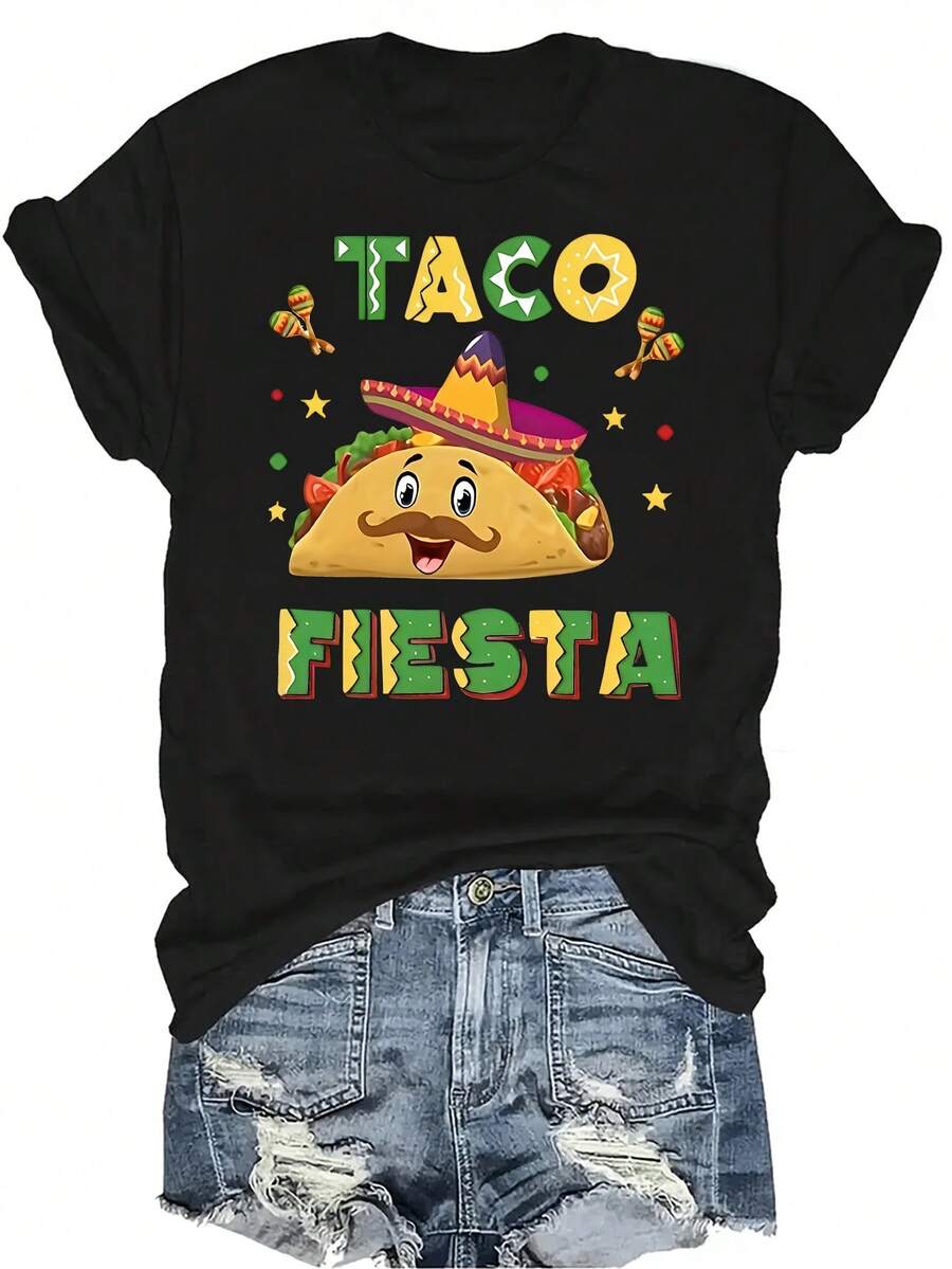 Camiseta de estilo mexicano con diseño de burrito para mujer y unisex, de verano, casual, transpirable y de personalidad, con cuello redondo y manga corta, para uso versátil, adecuada para adolescentes y adultos - Negro - Ver 1