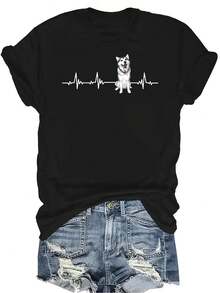 Camiseta de mujer y unisex de manga corta, cuello redondo, de verano, casual, transpirable y con personalidad, con el diseño de "Latido de corazón de husky, nada que usar excepto el pelo de husky", adecuada para adolescentes y adultos - Negro - Ver 1