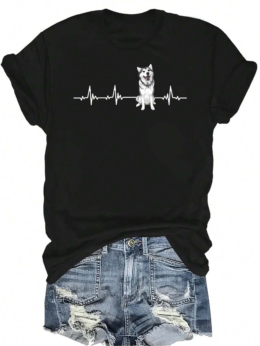 Camiseta de mujer y unisex de manga corta, cuello redondo, de verano, casual, transpirable y con personalidad, con el diseño de "Latido de corazón de husky, nada que usar excepto el pelo de husky", adecuada para adolescentes y adultos - Negro - Ver 1