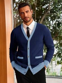 Men's Long Sleeve Button Down Knitted Cardigan Sweater With Pockets, Casual Style - 海軍 - 查看 2