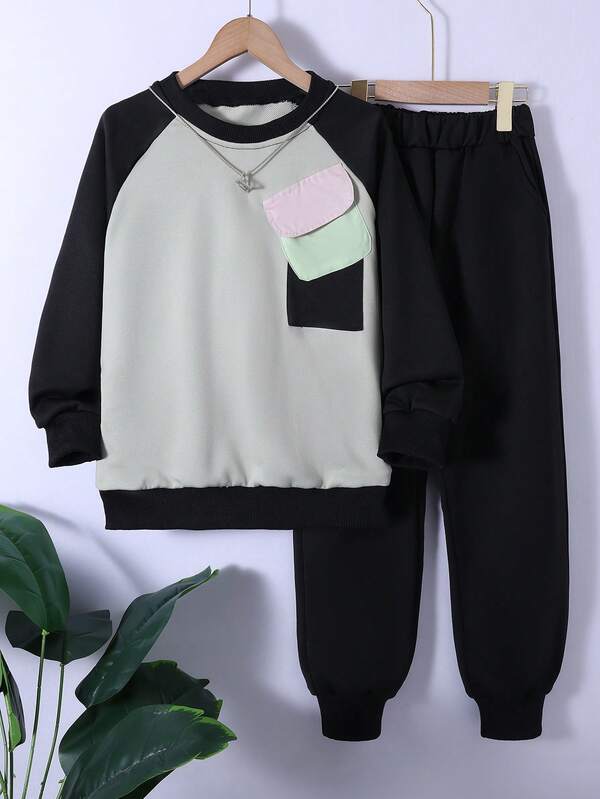 2pcs/Set Boys' Autumn Contrast Color Sleeve Pocket Hoodie And Casual Sports Pants Outfit