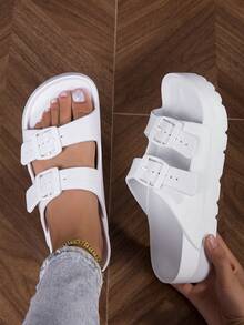 女士家居拖鞋、室内拖鞋、水鞋、浴室拖鞋、卧室拖鞋、平底拖鞋、轻便情侣厚底拖鞋 - 白色 - 查看 2