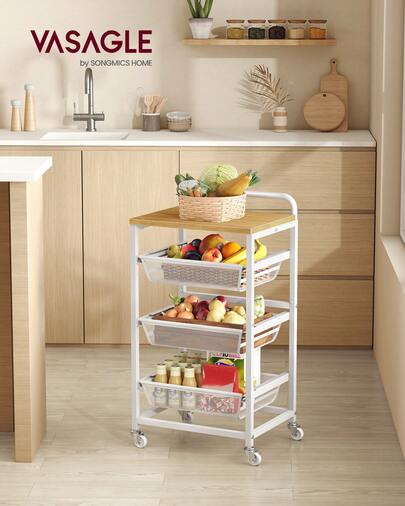  VASAGLE Servierwagen mit 4 Ebenen, Rollwagen mit herausziehbaren Körben, Küchenregal auf Rollen, Griff, 31,7 x 40 x 76 cm, goldeichenfarben-mattweiß