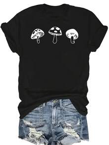 Camiseta con estampado de tres hongos pequeños para mujer y unisex, de verano, casual, transpirable, con cuello redondo, manga corta, estilo urbano y versátil, adecuada para adolescentes y adultos - Negro - Ver 1