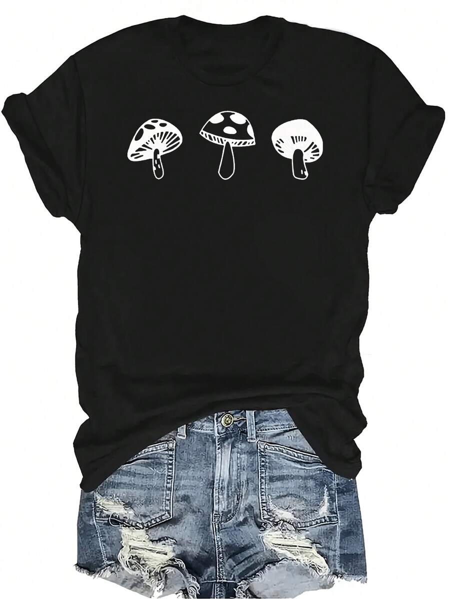 Camiseta con estampado de tres hongos pequeños para mujer y unisex, de verano, casual, transpirable, con cuello redondo, manga corta, estilo urbano y versátil, adecuada para adolescentes y adultos - Negro - Ver 1