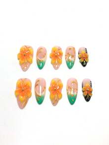 10 Pieces Made By Hand, 2.5 Cm Almond-Shaped Decorative Nails, Beach Essentials, Nail Patch, Press-On Nails, Nails, Supplies, Summer Nails, Press-On Acrylic Nails, Long Nails, French Style, Gradient, Pink Ice Flowers, Blue Butterflies, Golden Butterflies, Stars, Pearls, Blush, Petals, 3D Styling, 3D Embroidery, 3D Three-Dimensional Sculpture Modeling Glue,