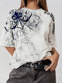 女士时尚Y2K哥特风印花纯色圆领短袖T恤，休闲春季款 - 藍白色 - 查看 5