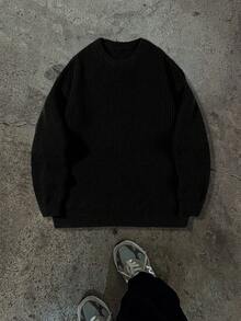 Lightweight Casual Textured Knit Sweater, Minimalist Design, Loose Fit Crew Neck Pullover For Unisex, Suitable For Autumn/Winter - Black - View 6