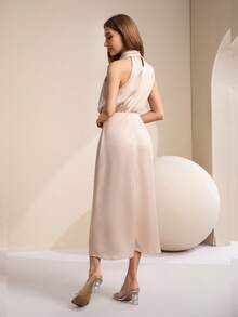 Satin High Neck Sleeveless Elegant Evening Dress, Cocktail Semi Formal Dress, For Birthday, Wedding Guest Dinner, Homecoming Party Dress