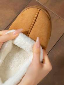 舒适毛绒拖鞋，保暖内衬，防滑厚底，适合室内/室外使用，时尚休闲纯色家居鞋 - 卡其色 - 查看 5