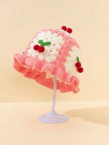 1pc Girls Winter Knitted Hollow Cherry Warm Hat, Fashion Kids Knitted Cap, Hand-Knitted Cherry Hat Suitable For 3-8Y