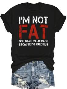Camiseta "No estoy gordo/a" para mujer y unisex, de verano, casual, transpirable, con personalidad, cuello redondo, manga corta, ropa de calle, versátil, adecuada para adolescentes y adultos - Negro - Ver 1
