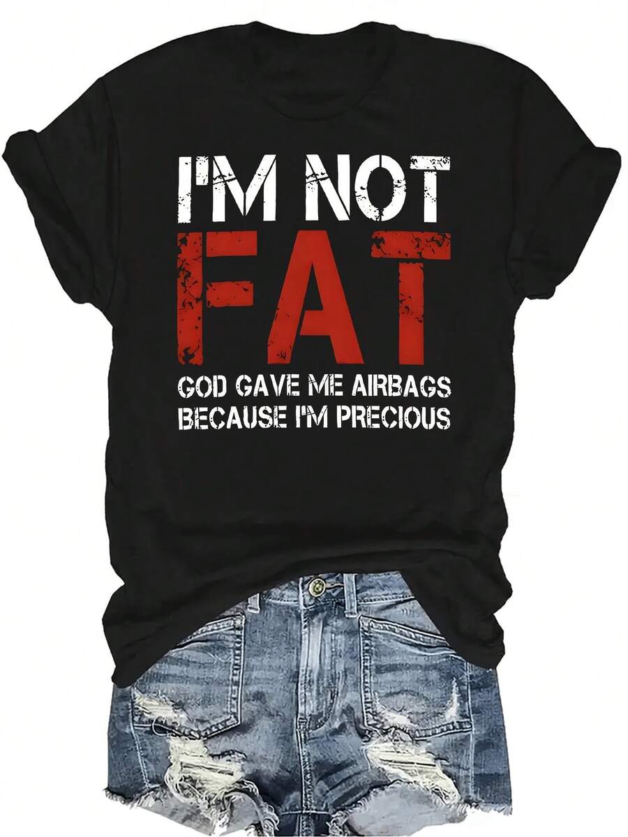 Camiseta "No estoy gordo/a" para mujer y unisex, de verano, casual, transpirable, con personalidad, cuello redondo, manga corta, ropa de calle, versátil, adecuada para adolescentes y adultos - Negro - Ver 1