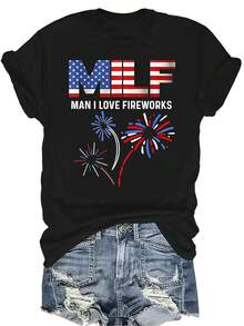 Camiseta de mujer y unisex "MILF" (Mamá a la que me gustaría follar) con estampado de fuegos artificiales, de verano, casual, transpirable, de cuello redondo, de manga corta, ropa de calle, versátil, adecuada para adolescentes y adultos - Negro - Ver 1