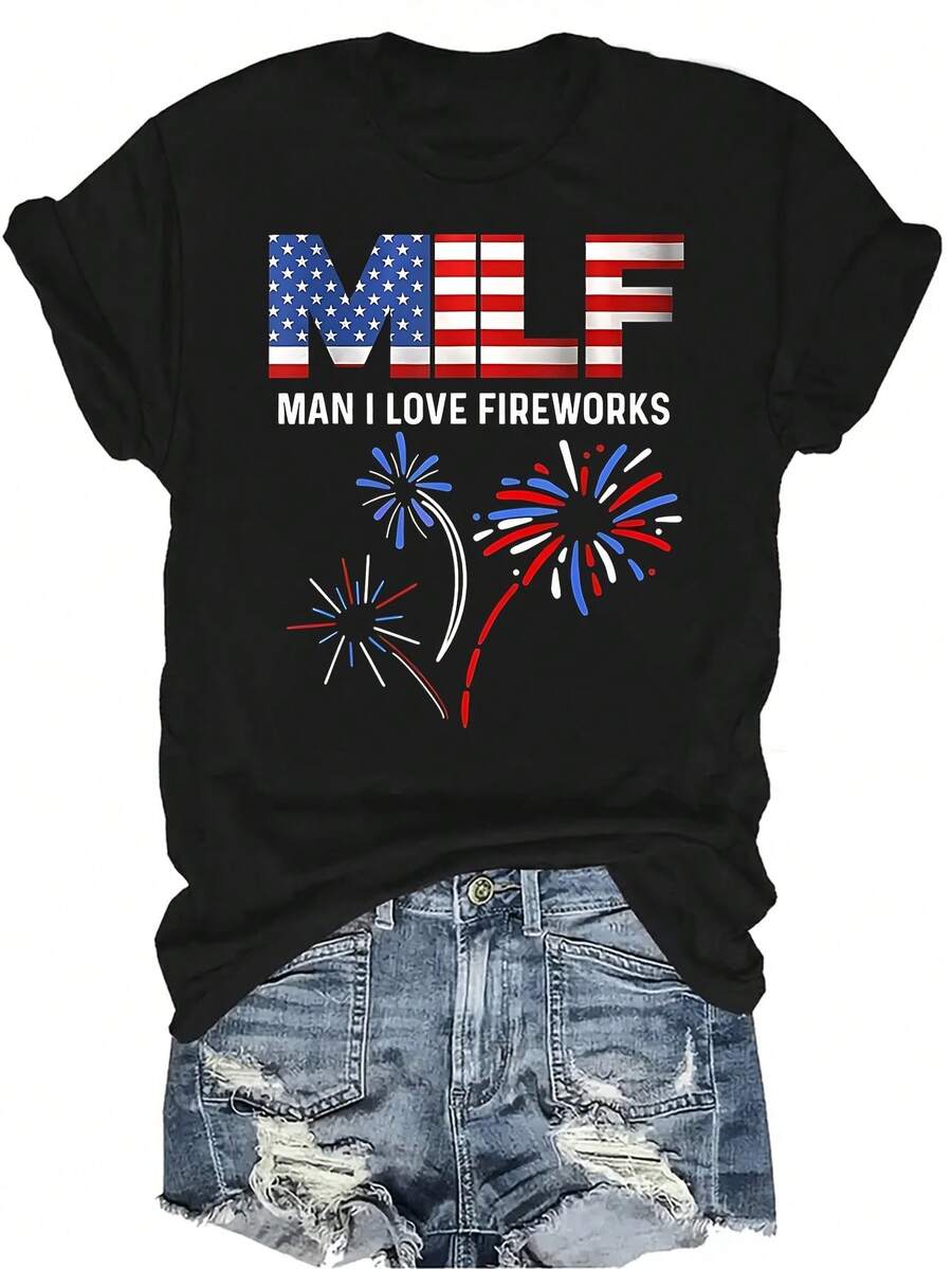 Camiseta de mujer y unisex "MILF" (Mamá a la que me gustaría follar) con estampado de fuegos artificiales, de verano, casual, transpirable, de cuello redondo, de manga corta, ropa de calle, versátil, adecuada para adolescentes y adultos - Negro - Ver 1