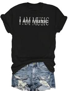 Camiseta "Soy música" para mujer y unisex, de verano, casual, transpirable, con personalidad, cuello redondo, manga corta, ropa de calle, versátil, adecuada para adolescentes y adultos - Negro - Ver 1