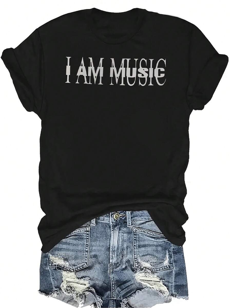 Camiseta "Soy música" para mujer y unisex, de verano, casual, transpirable, con personalidad, cuello redondo, manga corta, ropa de calle, versátil, adecuada para adolescentes y adultos - Negro - Ver 1
