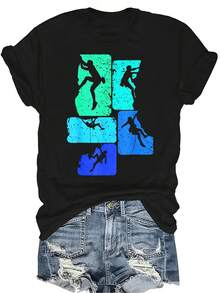 Camiseta de escalada de roca para mujer, unisex, de verano, casual, transpirable, con personalidad, cuello redondo, manga corta, camiseta de streetwear versátil, adecuada para adolescentes y adultos - Negro - Ver 1