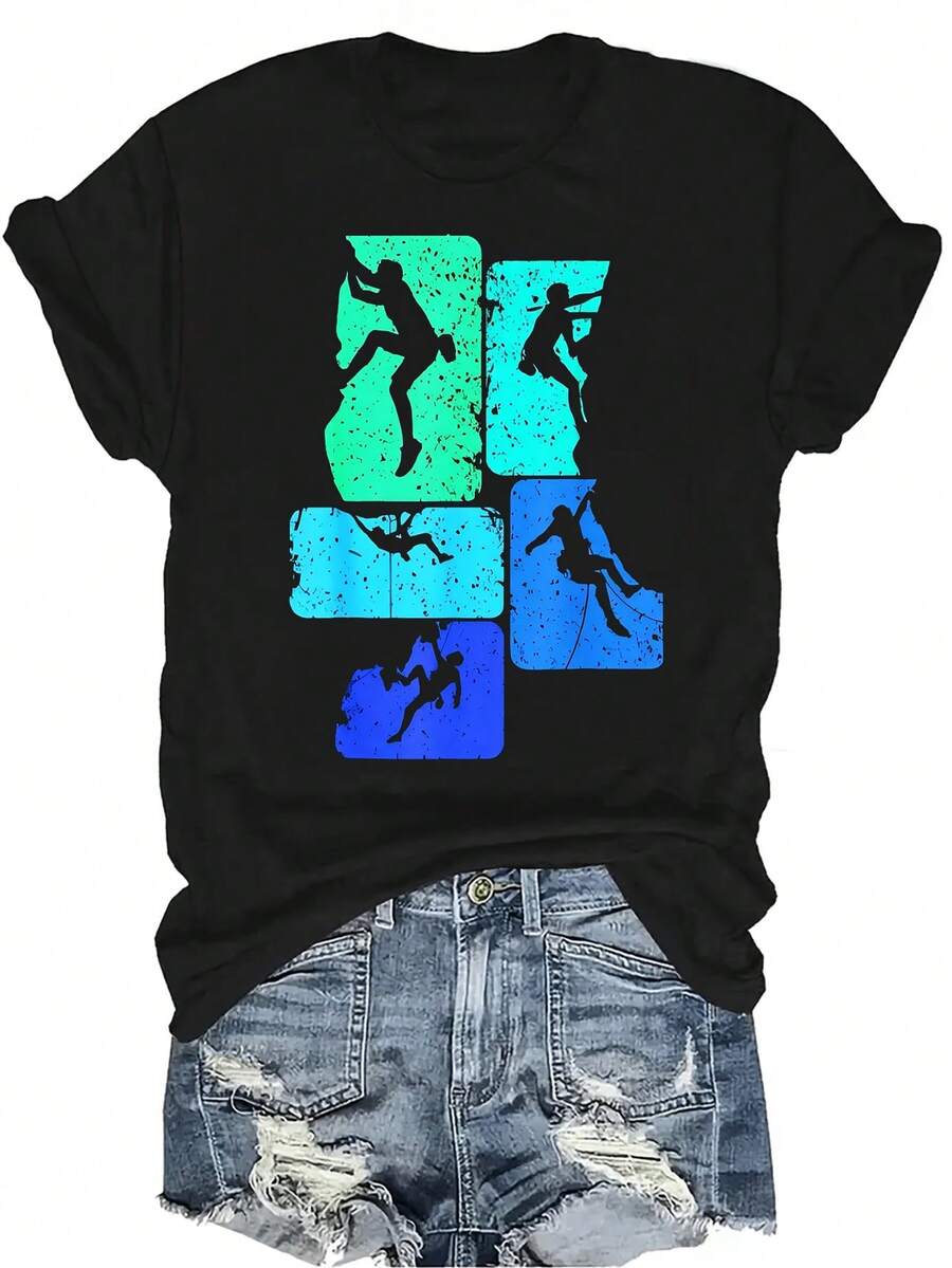 Camiseta de escalada de roca para mujer, unisex, de verano, casual, transpirable, con personalidad, cuello redondo, manga corta, camiseta de streetwear versátil, adecuada para adolescentes y adultos - Negro - Ver 1