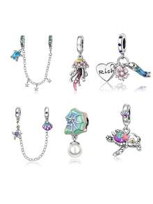 1pc Cute & Minimalist Ocean Series Jewelry Set: Heart, Peach Blossom, Koi Fish, Seashell, Starfish, Turtle, Conch, Jellyfish, Starfish Shell 925 Silver Beads/Safety Chain DIY Bracelet Accessories, Suitable As Jewelry Gift For Women For Daily Wear, Valentine's Day, Date, Anniversary, Christmas, Thanksgiving, Carnival, Theme Party, Birthday