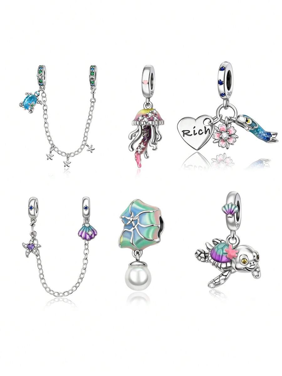 1pc Cute & Minimalist Ocean Series Jewelry Set: Heart, Peach Blossom, Koi Fish, Seashell, Starfish, Turtle, Conch, Jellyfish, Starfish Shell 925 Silver Beads/Safety Chain DIY Bracelet Accessories, Suitable As Jewelry Gift For Women For Daily Wear, Valentine's Day, Date, Anniversary, Christmas, Thanksgiving, Carnival, Theme Party, Birthday