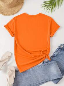 Playera camiseta gráfica dama mujer manga corta cuello redondo básica cómoda fresca ligera estampado halloween día de muertos brujas calabaza fantasma sombrero murciélago - Naranja - Ver 2