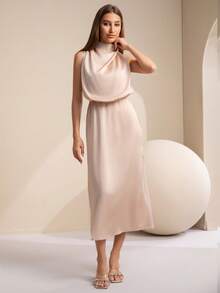 Satin High Neck Sleeveless Elegant Evening Dress, Cocktail Semi Formal Dress, For Birthday, Wedding Guest Dinner, Homecoming Party Dress