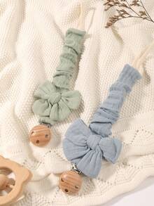 2pcs Baby Solid & Printed Pacifier Clips, Bowknot Pacifier Holder, Wooden 3-Hole Pacifier Clips, Suitable For Daily Use In Blue, Pink, Khaki