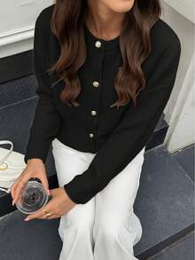 FOR BEAUTY Autumn And Winter New Solid Color Single Breasted Round Neck Ribbed Long Sleeved Knitted Sweater Women's Top, Fashionable, Simple, Gentle, Atmospheric, Slim Fitting Temperament Suitable For Daily Commuting Sweater Coat , Women's Clothing Chic Autumn New Year