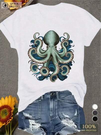 Women's White Octopus Print 180g Cotton Crew Neck Short Sleeve T-Shirt – Soft Casual Summer Tee With Fun Sea Creature Graphic, Breathable Fabric, Lightweight For Easy Dressing, Perfect For Ocean Lovers And Beach Style Fashion