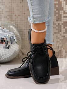 Solid Color Preppy School Style Lace-Up Office High Heel Shoes, Non-Slip Thick Heel Square Toe Shoes, Simple Fashion Sexy Comfortable Low Price Casual Loafers, Country Outdoor Ladies High Heel Shoes, Dance Shoes, Fashion Shoes