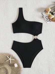 wohenmeili 女士无袖黑色高弹针织比基尼套装，波西米亚风圆领露背设计，饰有圆环，适合海滩度假夏季穿着。 - 黑色 - 查看 3