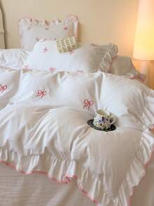 3pcs Ruffled Embroidered Bowknot Duvet Cover Set, Extra Large Size, Soft Fabric, With Zipper & Tie, Suitable For Girls Bedroom Decor, Breathable & Easy Care - White - View 4