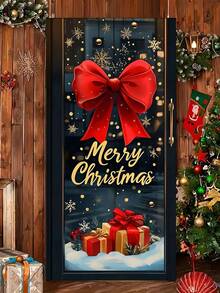 1 pièce/Bannière de porte thème Noël élégante, polyester durable avec un grand nœud rouge, 90 cm x 180 cm, Joyeux Noël, lettrage doré, éléments de boîte-cadeau et de flocons de neige, style classique des fêtes. Décoration suspendue en polyester, convient pour les porches de Noël, les décorations de porte de maison pour les fêtes, les fêtes d'hiver et les décors de photo de Noël.