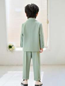 3 pezzi/set Completo formale per ragazzi giovani: giacca + pantaloni + papillon, abito da cerimonia, paggetto da matrimonio, costume per vacanze scolastiche - Verde - Visualizzare 4