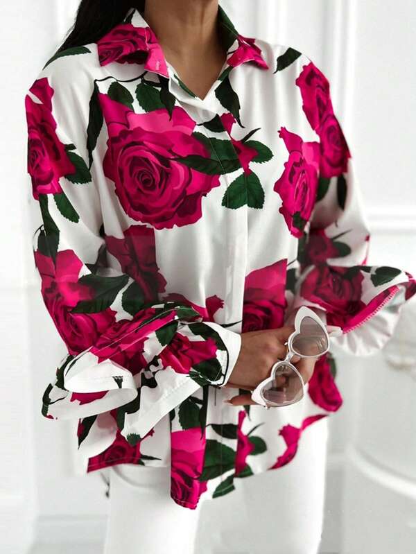 Camisa de manga larga con estampado floral de otoño/invierno, cuello de solapa, gráfico de rosas en todo el diseño, botones delanteros, blusa de manga larga talla grande para mujer