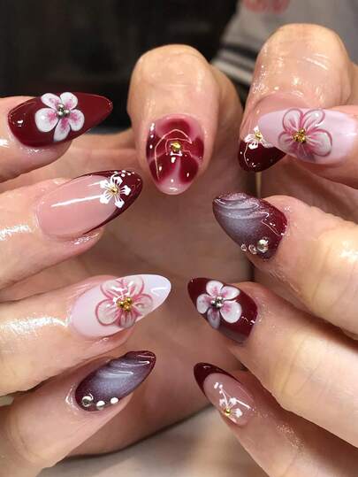 24Pcs Long Almond 3d Gelnails Makes Hibiscus Flower Nails With Pearl Decoration Design French Tip Press On Nails Almond Fit Perfectly Acrylic False Nails Set,Include: 1pc Jelly Glue And 1pc Nail File, Summer Nails & French Tip Nails For Woman Girl Daily Work Festivals Party Use