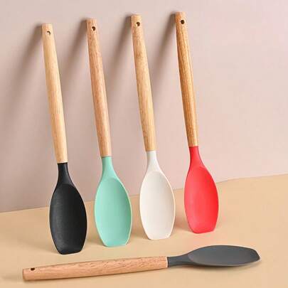 Large Wooden Handle  Spoon, 12" Rubber Spoon  Nonstick Stirring Spoons For Baking Cooking And Mixing, Kitchen Serving Spoons